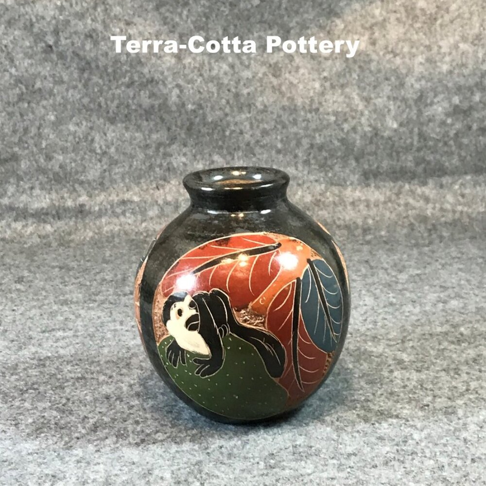 Hand Painted and Etched Carved Terra-Cotta Pottery Tropical Animal Birds Vase